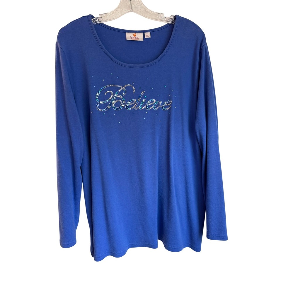 Quacker Factory Believe Rhinestone Long Sleeve‎ Top Blue Plus Size 2X Holiday